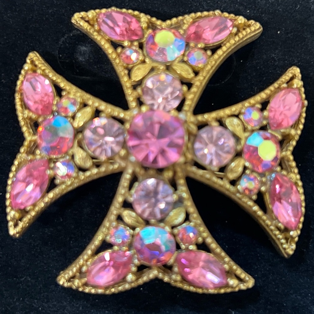 Vintage Maltese Cross Brooch Pin Granny Gold Tone Pink Rhinestones Unsigned EUC